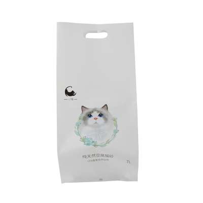 High quality vertical pet food packaging three sides sealed handle bag 8kg 6L for cat litter packaging bag